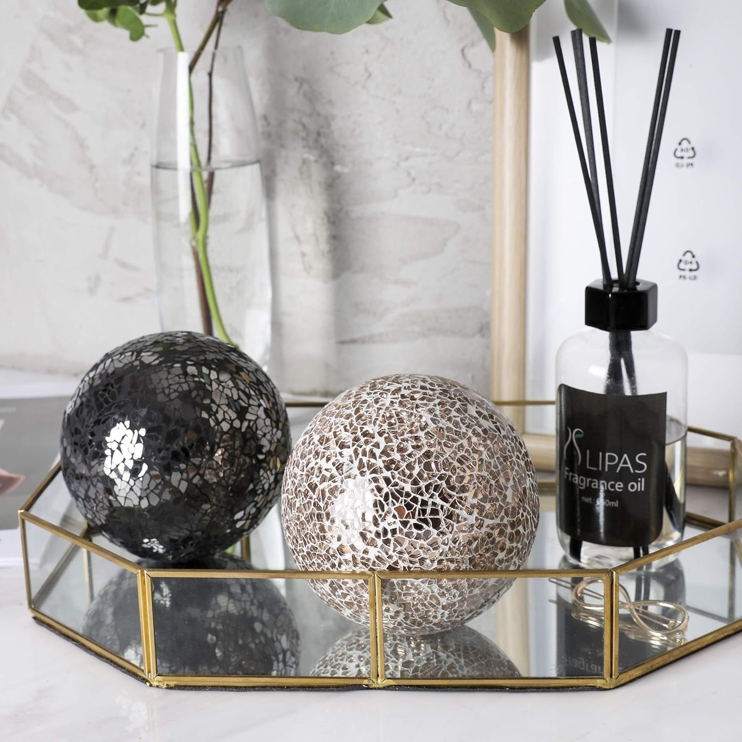 | Decorative Balls | Set of 3 Glass Mosaic Orbs for Bowls | 4" Diameter | Table Centerpiece | Coffee Table and House Decor (Rose Gold)