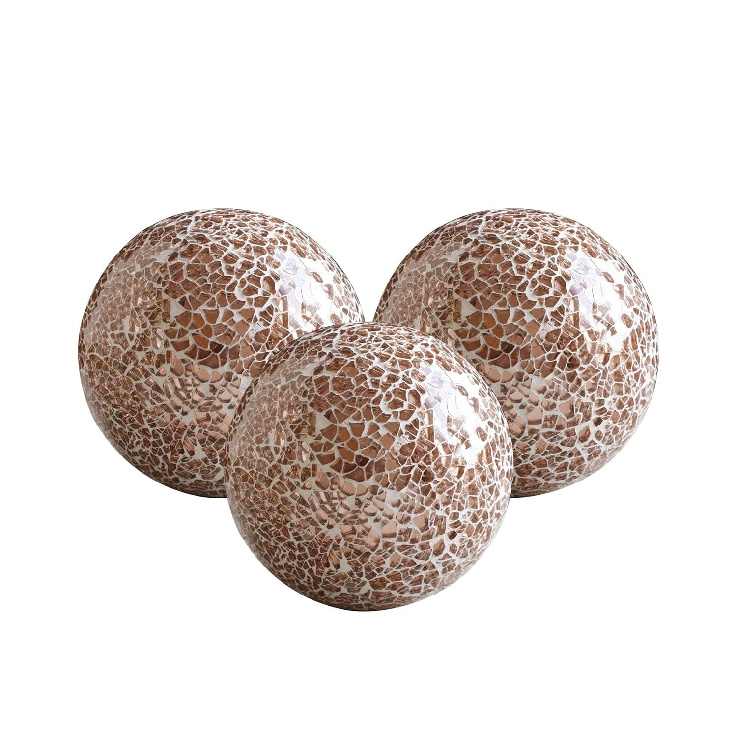 | Decorative Balls | Set of 3 Glass Mosaic Orbs for Bowls | 4" Diameter | Table Centerpiece | Coffee Table and House Decor (Rose Gold)
