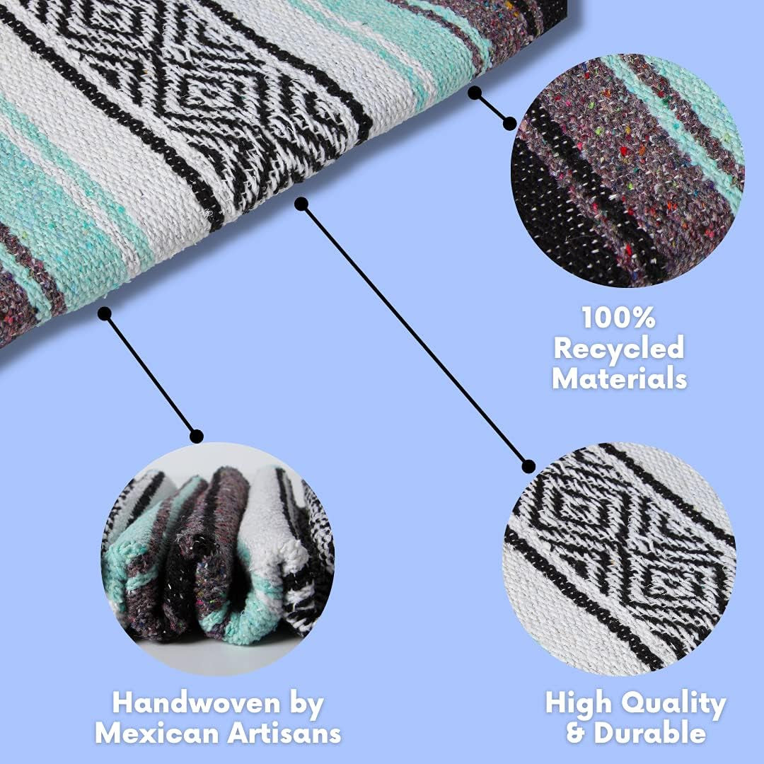 Mexican Yoga Blanket – Colorful Falsa Serape Throw for Yoga, Beach, Picnic, Saddle, or Home Décor – Soft Woven Boho Blanket (Cool Mint & Gray)