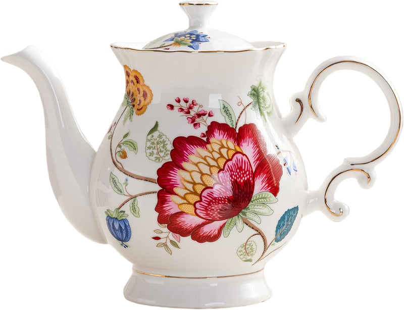 European Style Ceramic Flower Teapot Coffee Pot Water Pot Porcelain Gift Large 5.5 Cups (1, Blue and Red)