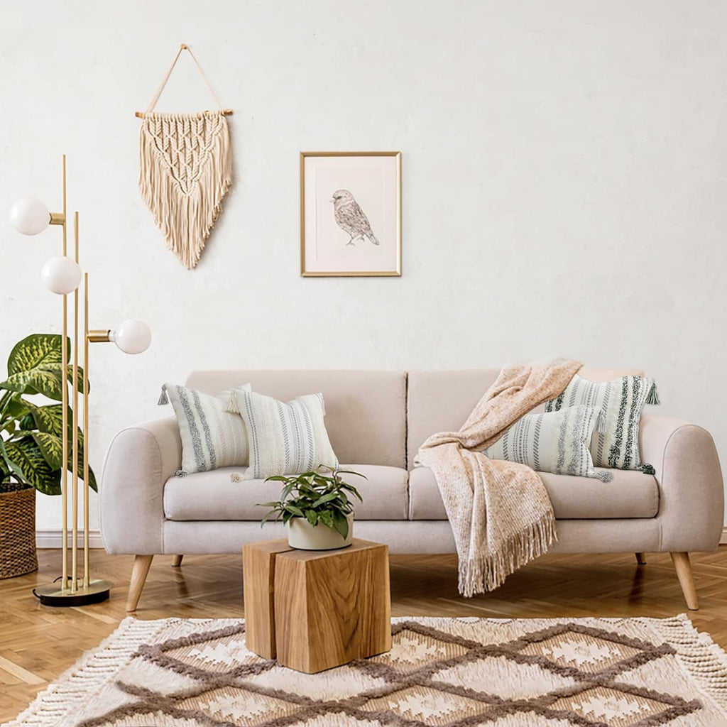 Decorative Boho Throw Pillow Cover 12X20, Lumbar Accent Neutral Textured Tufted Pillow Cover Striped for Couch Bed Sofa, Green and Cream White, Pack of 1