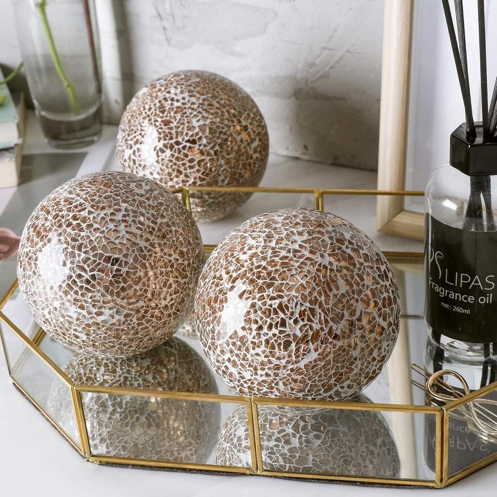 | Decorative Balls | Set of 3 Glass Mosaic Orbs for Bowls | 4" Diameter | Table Centerpiece | Coffee Table and House Decor (Rose Gold)