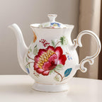 European Style Ceramic Flower Teapot Coffee Pot Water Pot Porcelain Gift Large 5.5 Cups (1, Blue and Red)