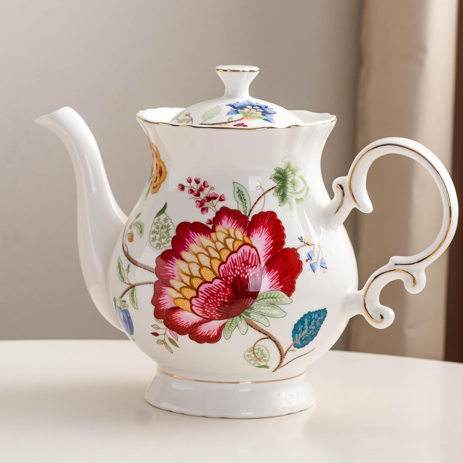 European Style Ceramic Flower Teapot Coffee Pot Water Pot Porcelain Gift Large 5.5 Cups (1, Blue and Red)